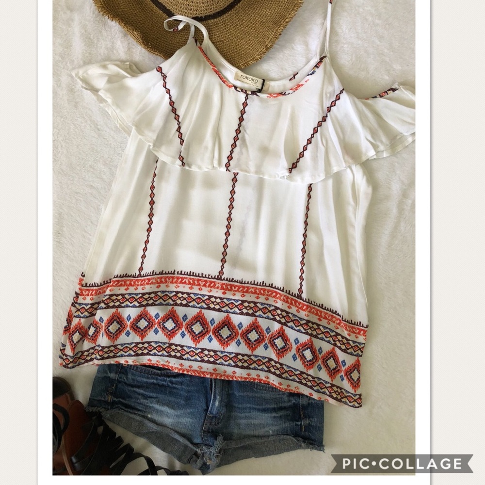 Tribal Ruffled Cold Shoulder Top